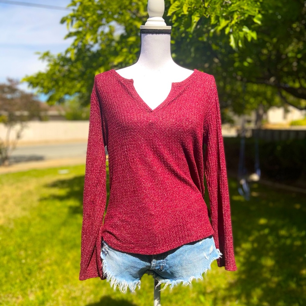 2/$25 Socialite Red Waffle Knit  V Neck Long Sleeve
